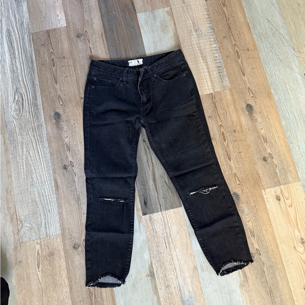 Free People Black Ankle Cropped Distressed Jeans